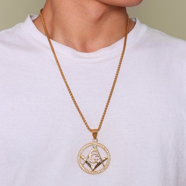 

gold chain necklace masonic pendent mens stainless steel fashion necklace crystal hip hop jewelry on the neck wholesale, Silver