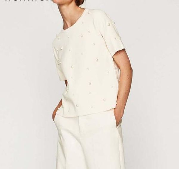 

o-neck new summer pearls beaded t -shirt women cotton loose casual black women short sleeve o -neck tee shirt trend, White