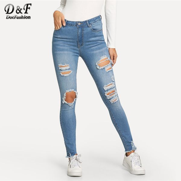 

dotfashion blue ripped skinny jeans for women casual 2019 autumn denim pants womens korean streetwear straight leg trousers