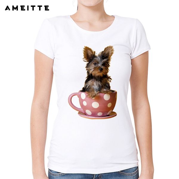 

ameitte fashion yorkshire terrier teacup print t-shirt women cute miniature t shirt summer hipster female tees lovely girl, White