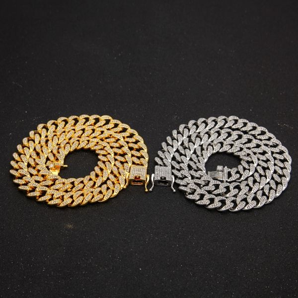

the bling king miami cuban link chain necklace 13mm full bling bling iced out rhinestones gold color fashion jewelry necklace11, Silver