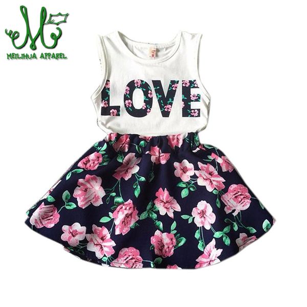 

flower girls clothes casual summer toddler children clothing set love letter vests skirst kids suits for 2 3 4 5 6 7 8 9 10 year t200526, White