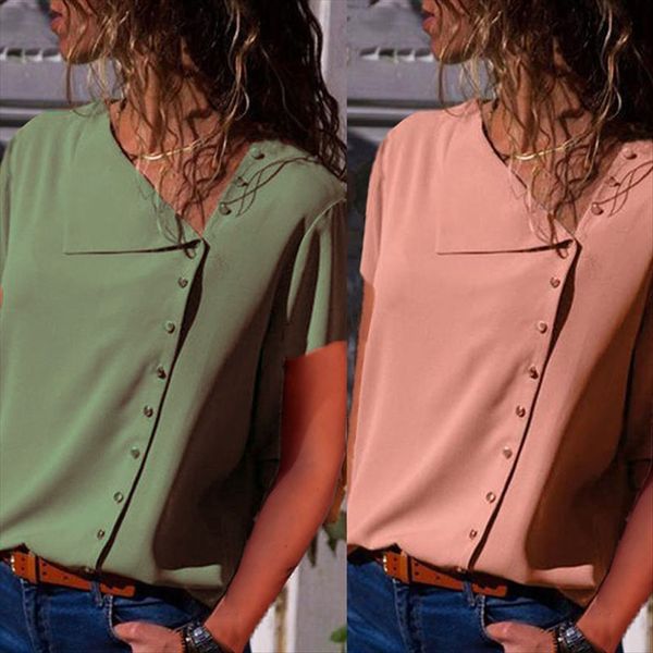 

season 2019 buttons casual solid color button diagonal lapel short sleeve female season 2019 t-shirt buttons casual solid color button t-shi, White