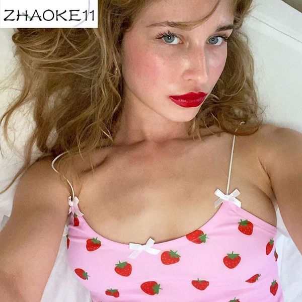 

2020 summer women's new vest for girl hip-hop street sbowknot strawberry print tube bottoming shirt women, White