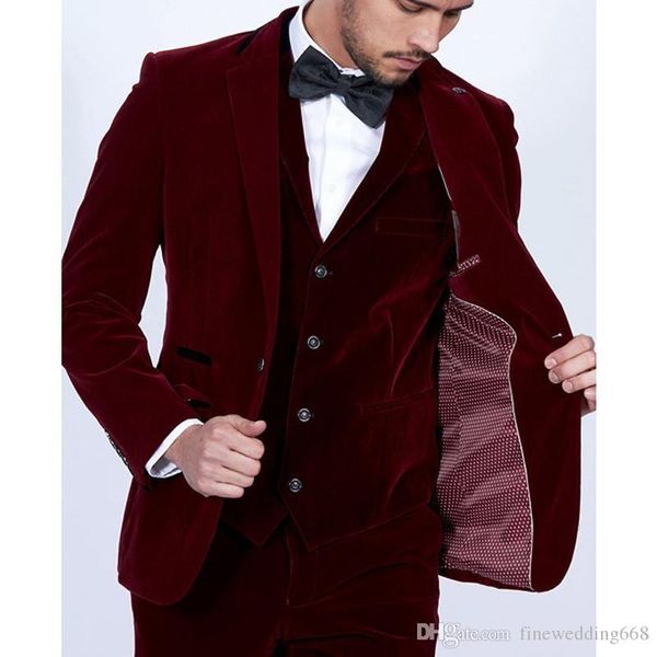 Borgonha Calças De Casamento Casaco Projeto Notch Lapela Um Botão Do Noivo Smoking Ternos Dos Homens de Casamento / Prom Veludo Melhor Homem Blazer (Jacket + Pants + Vest)