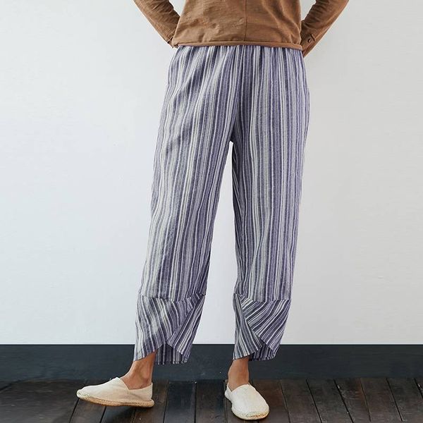 

zanzea casual harem pants fashion women elastic wasit striped pants loose cotton linen trousers plus size wide leg pantalon, Black;white