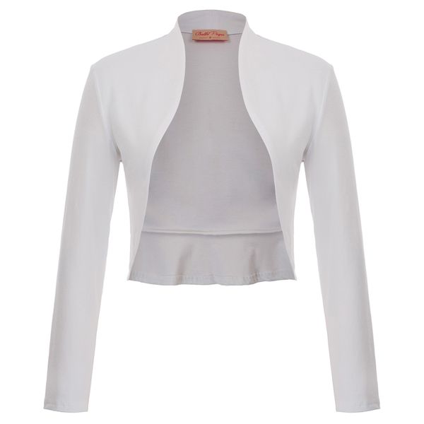 

jacket women's clothes vintage solid long sleeve open front ruffled hem cotton bolero shrug weddinng party coat black white, Black;brown