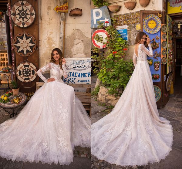 

chic lussanobridal wedding dresses bateau neck long sleeves lace bridal gown backless boho plus size wedding dress vestido de novia, White