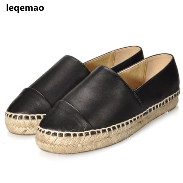 

new fashion comfortable seasons women espadrilles shoes genuine leather flats woman casual loafers big size 34-42 y190704, Black