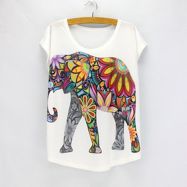 

new fashion flower elephant printed t shirts women summer tees novelty design casual tees for girls, White