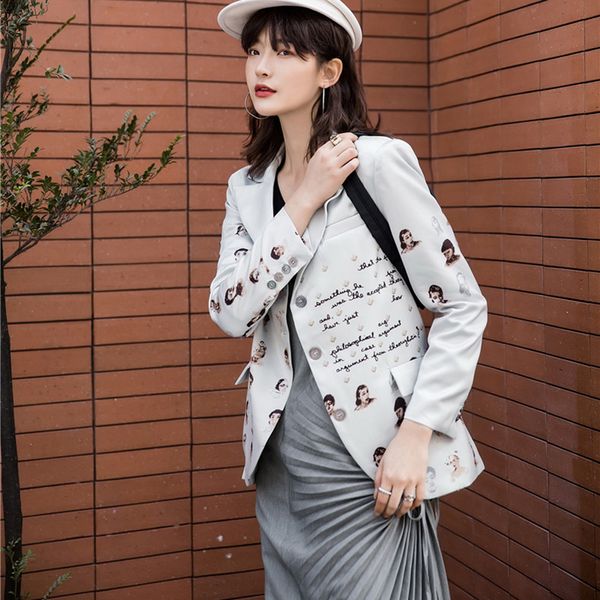 

women blazer character alphabet fun print single-breasted long sleeve suit female retro casual jacket coat fashion office blazer, White;black