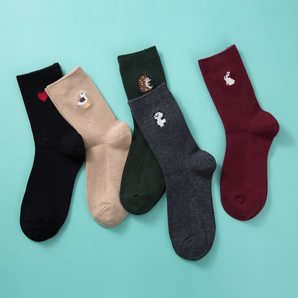 

autumn new female cotton socks japanese cute cartoon animal embroidery solid color medium tube socks college style female socks breathable s, Black;white