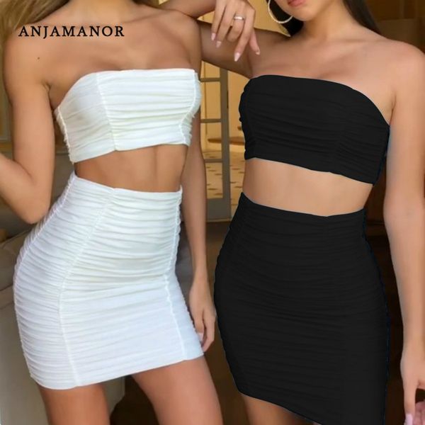 

anjamanor 2 piece sets womens club outfits crop and mini skirt matching sets for women summer clothes d32-bg26, White