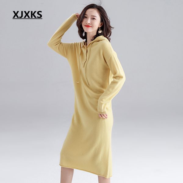 

xjxks 100% wool knitted dress women pullover 2019 autumn winter new fashion hooded loose plus size casual women long sweater, White;black