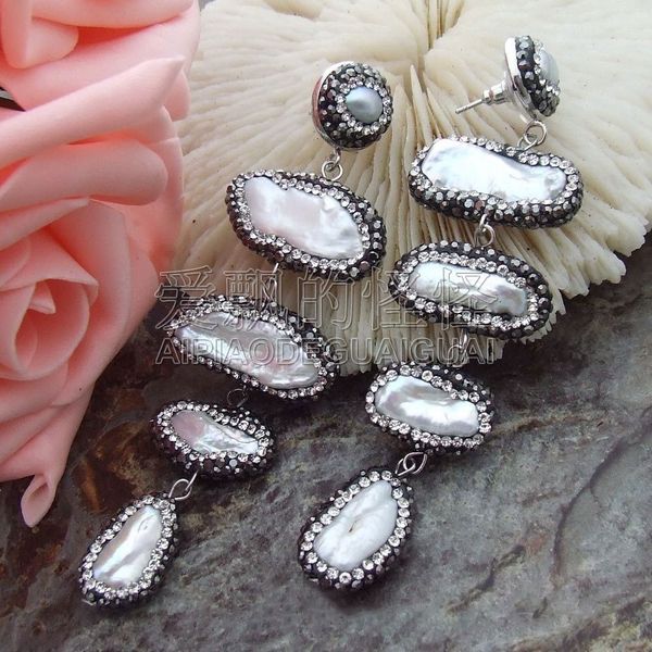 

e091113 3.9" white biwa pearl earrings, Silver