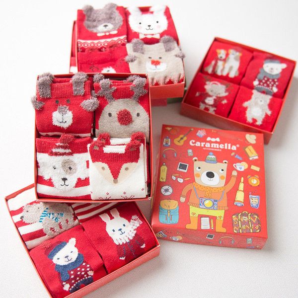 

4 пар подарочная коробка merry christmas gift унисекс детские зимние теплые носки санта-клаус северный олень снеговик симпатичные сладкие де, Black;white