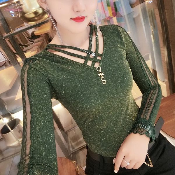 

autumn t shirts women bottoming shiny bling lace embroidery patchwork stretchy long sleeve camiseta mujer t98894, White
