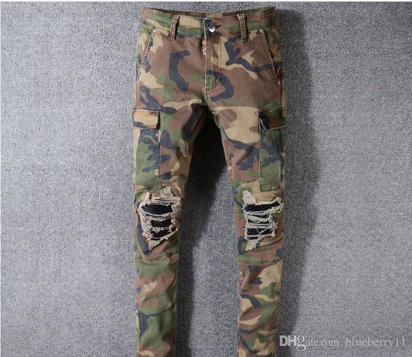 

camo джинсы новый летний модельер мужские рваные biker повседневные брюки хип-хоп джинсы джинсы denim длинные брюки, Blue