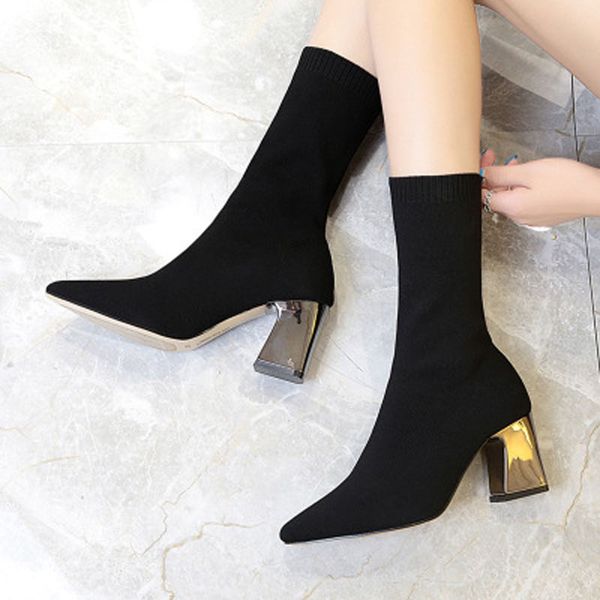 

boots children's autumn new women's shoes high-heeledpointed elastic boots in the tube socks single high-heeled wool, Black