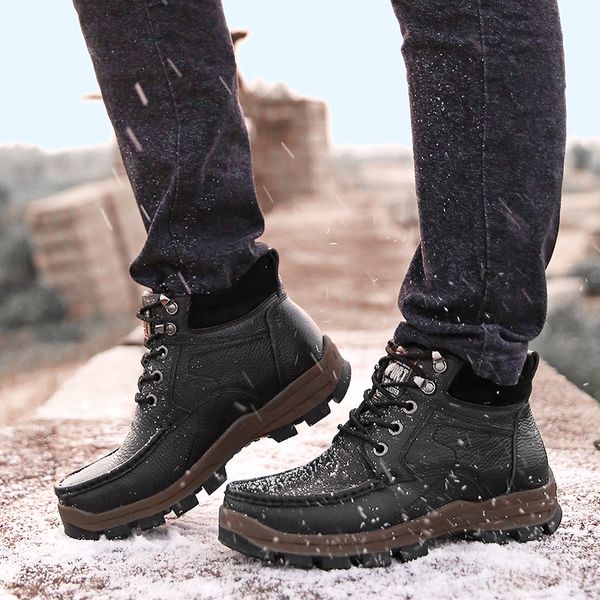 

winter boots men warm plush snow boots men outdoor genuine leather ankle chaussure homme with fur big size 48, Black