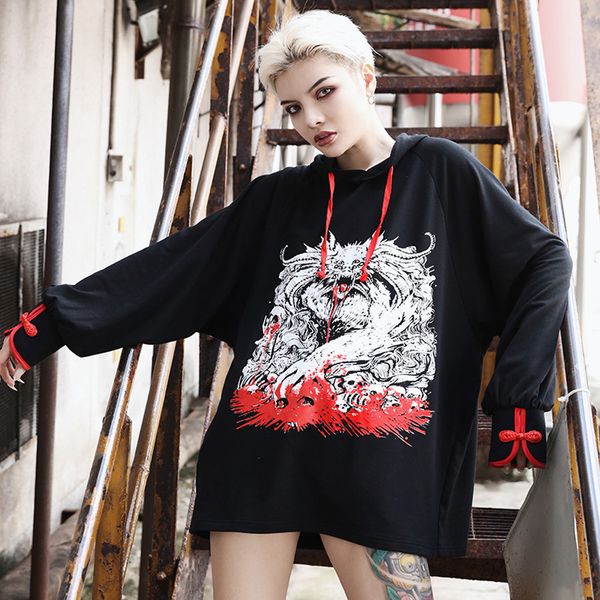 

gothic hoodies women sweatshirt punk oversized hoodie chinese knot long sleeve dragon print loose pullovers autumn winter, Black