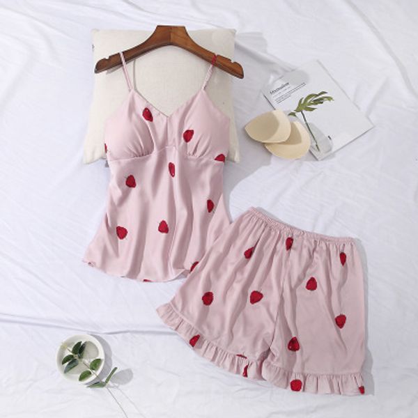 

ladies summer pajamas 2 pieces set & strawberry pattern silk suspender shorts set pajamas & sweet woman 2 pcs, Black;red