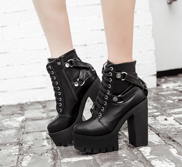 

women boots high heels women's shoes autumn booties ladies winter footwear zipper clogs platform round toe luxury designer, Black