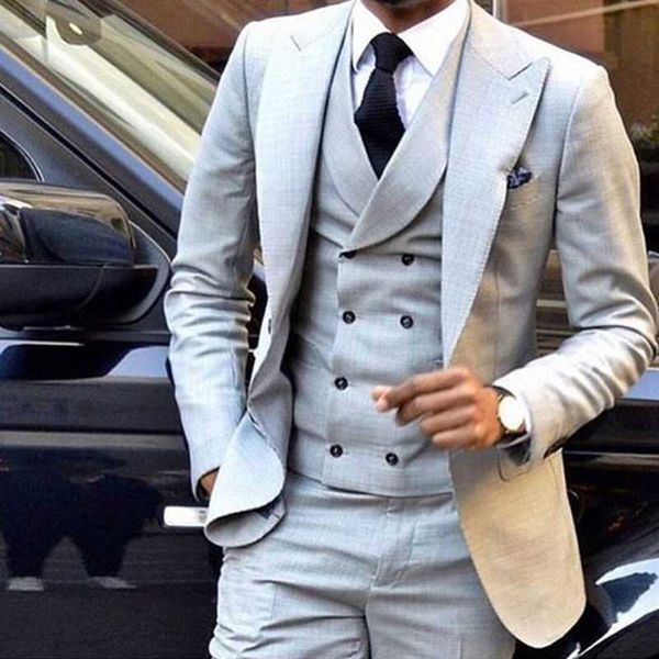 

custom light grey men suits double breasted slim fit skinny 3 pieces groom tuxedos wedding suits men blazer (jacket+pant+vest, White;black