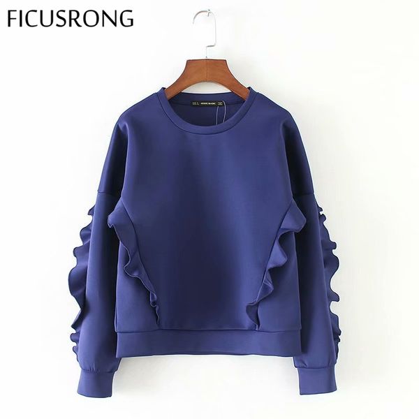 

women casual hoodie sweatshirt ruffles o-neck long sleeve purple blue ladies autumn winter pullovers ficusrong, Black