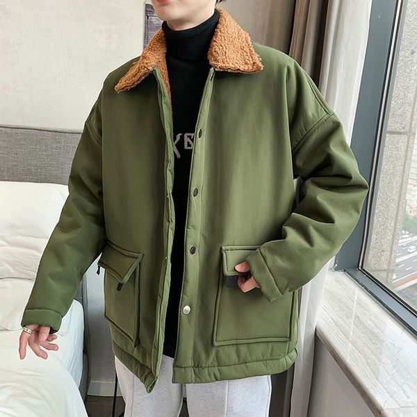 

winter plus velvet thick jacket men's warm fashion parka men solid color casual cotton coat man wild loose large pocket jacket, Black