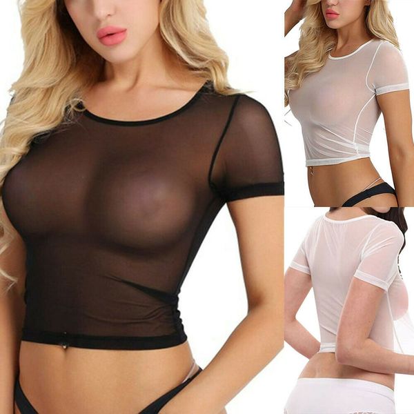 

women sheer mesh see through crop tee club short sleeve t-shirt blouse, White