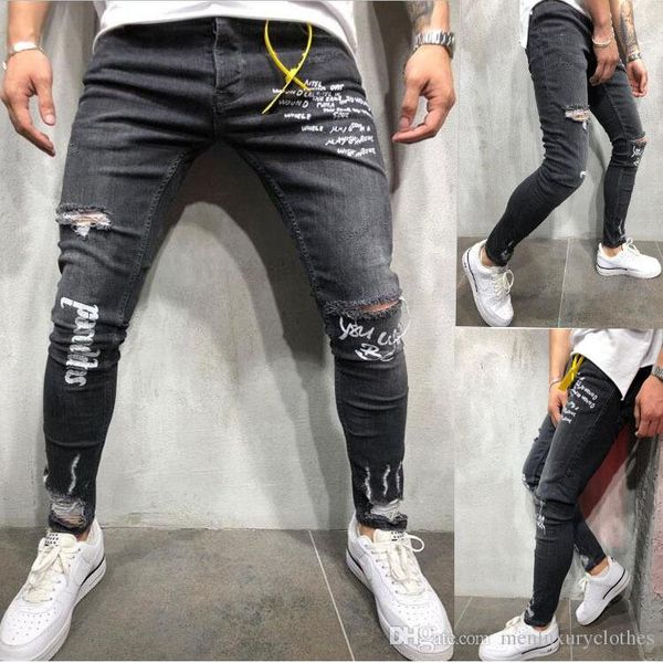 

mens letters designer pantalones jeans ripped draped holes pencil jean pants biker jeans, Blue
