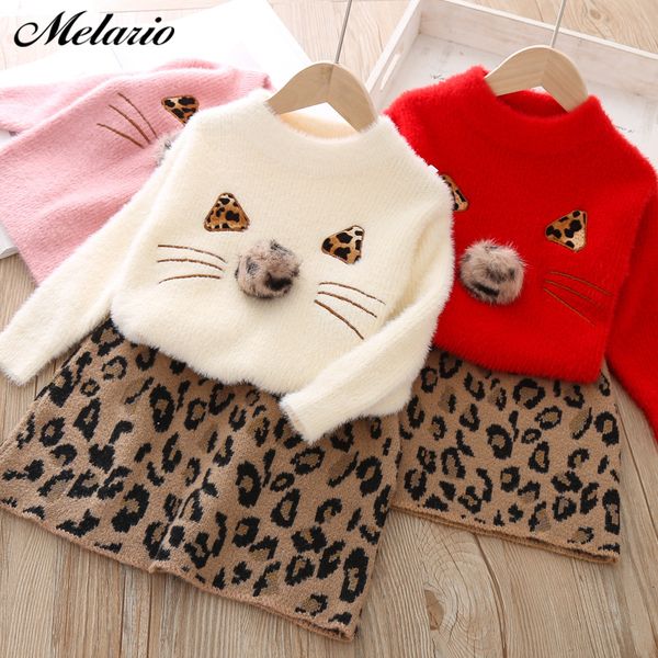 

autumn winter children's leopard sweater skirt two piece suit woollen clothing set long sleeve kids girls clothes knit coat t200526, White
