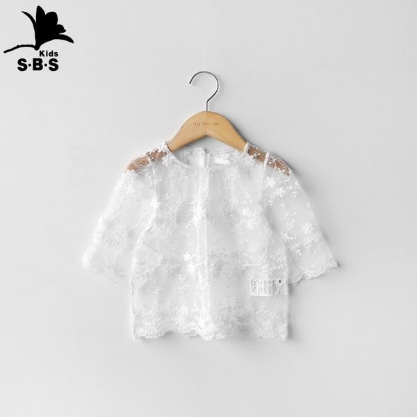 

children's clothing 2020 summer new lightweight sunscreen t-shirt girls lace ruffled embroidery transparent wild top, Blue