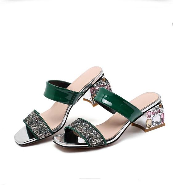 

summer sequins sandals high heels colorblock slippers square toe open toe womens slides fashion flip flops big size 43, Black