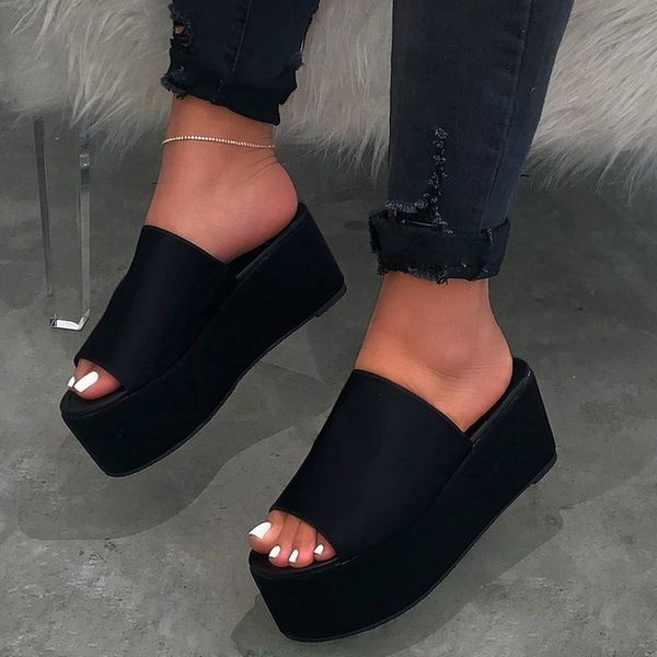 

women's summer faux far leather slippers fashion thick bottom wedge beach shoes 2020 plus size leopard print sandals sandalias t04, Black