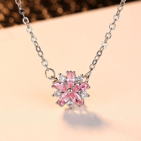 

women cute flower pink color copper sakura necklace jewelry crystal flower pendant necklace gift party size11mm11mm necklaces pendants, Silver