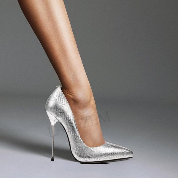 

2020 chic women heels leather 11-13cm pumps metal silver sandals stiletto party dress shoes woman big size 39 42 43, Black