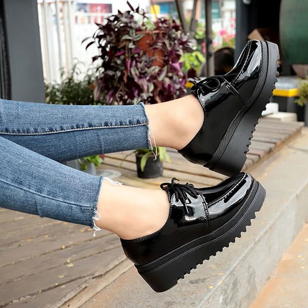 

xiniu shoes woman new fashion lace-up solid oxfords wedges platform round toe patent leather casual shoes zapatos de mujer #0803, Black
