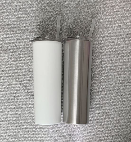 

usa local warehouse 20oz silver white sublimation straight skinny tumbler with lid straw stainless steel vacuum seamless insulated drinking