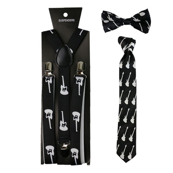 

black white guitar print suspenders necktie and bowtie set clip-on elastic y-shape back braces suspenders for women men