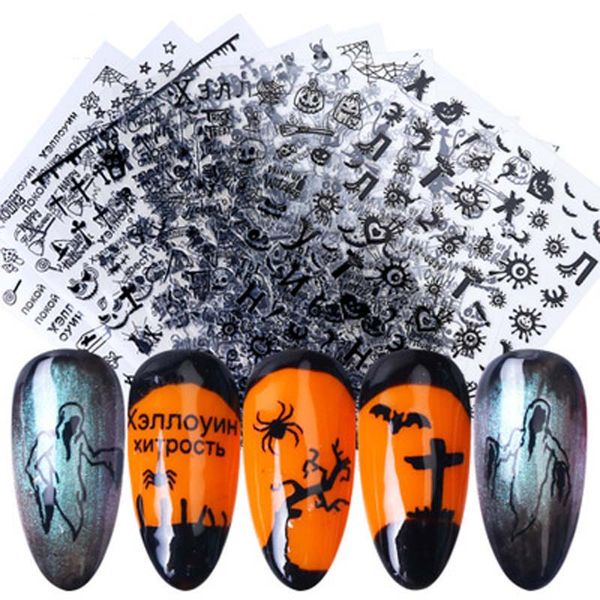 Modisches Halloween-Design, selbstklebende Schönheits-Nagelkunst-Aufkleber, Wassertransfer, 3D-Schädel, Kürbis, Spinnennetz-Designs, Nagelaufkleber