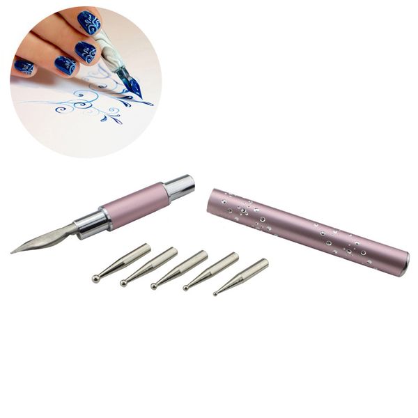 

new nail art flower line tip dotting pen with 5 drill points acrylic drawing painting uv gel polish diy manicure tool set sm, Silver