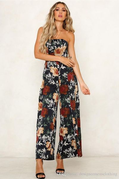 

комбинезоны сексуальные без бретелек без рукавов спинки комбинезон мода дамы полная длина одежды лето цветочный принт, Black;white