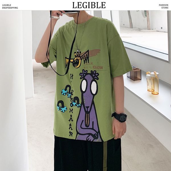 

legible japanese fashion cartoon print t-shirt men new cotton casual loose t shirt men 2020 summer korean o neck lovers tshirt, White;black
