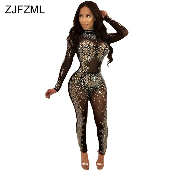 Sparkly Strass Sexy Party Jumpsuit Mulheres Malha Patchwork ver através de Bodycon Geral elegante manga comprida plus size romper t5190614