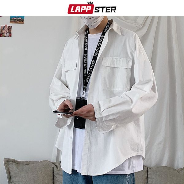 

белый сплошной хлопок грузовые рубашки для мужчин 2020 весна человек карманный корейский хип-хоп одежда мужской дизайнер рубашки с длинным р, White;black