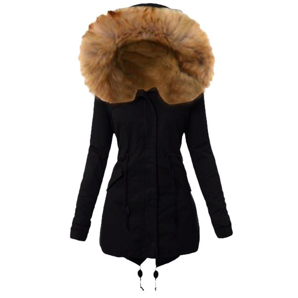 

ladies fur lining coat womens jackets outwear hoody winter warm thick long jacket hooded overcoat parkas casual coat for female, Black