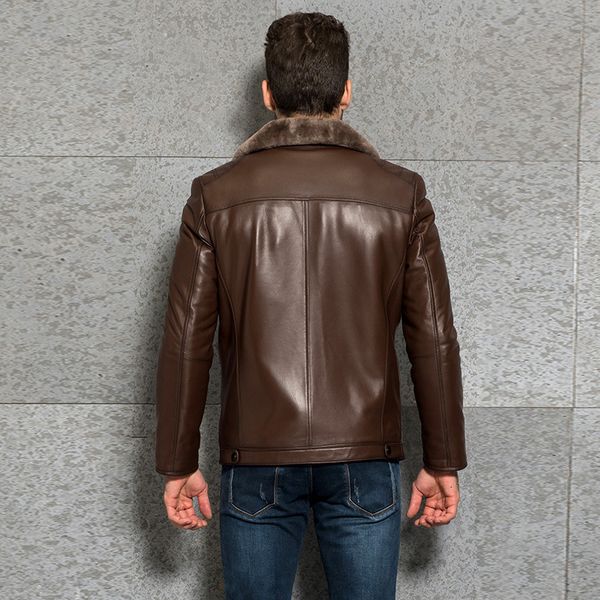 

winter mens wool lining coats luxury sheepskin genuine leather office fur collar blazer jacket male biker punk coat, Black