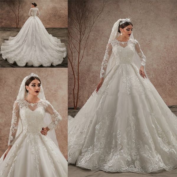 

new design wedding dresses shiny o-neck tulle lace long sleeves beaded puffy court train wedding gowns, White
